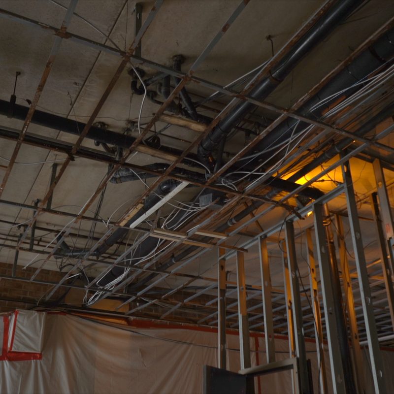 Interior stripped back, with temporary shoring standing