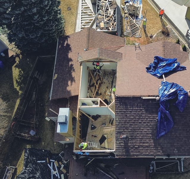 Aerial view of the roof opened up during selective demolition