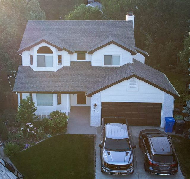 Aerial view of the finished home from the front