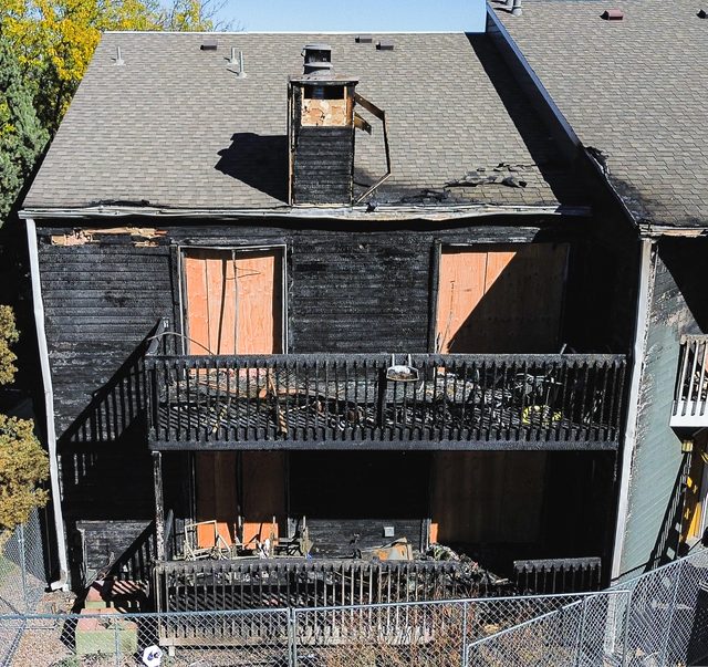 The burnt elevation straight on, both storeys affected