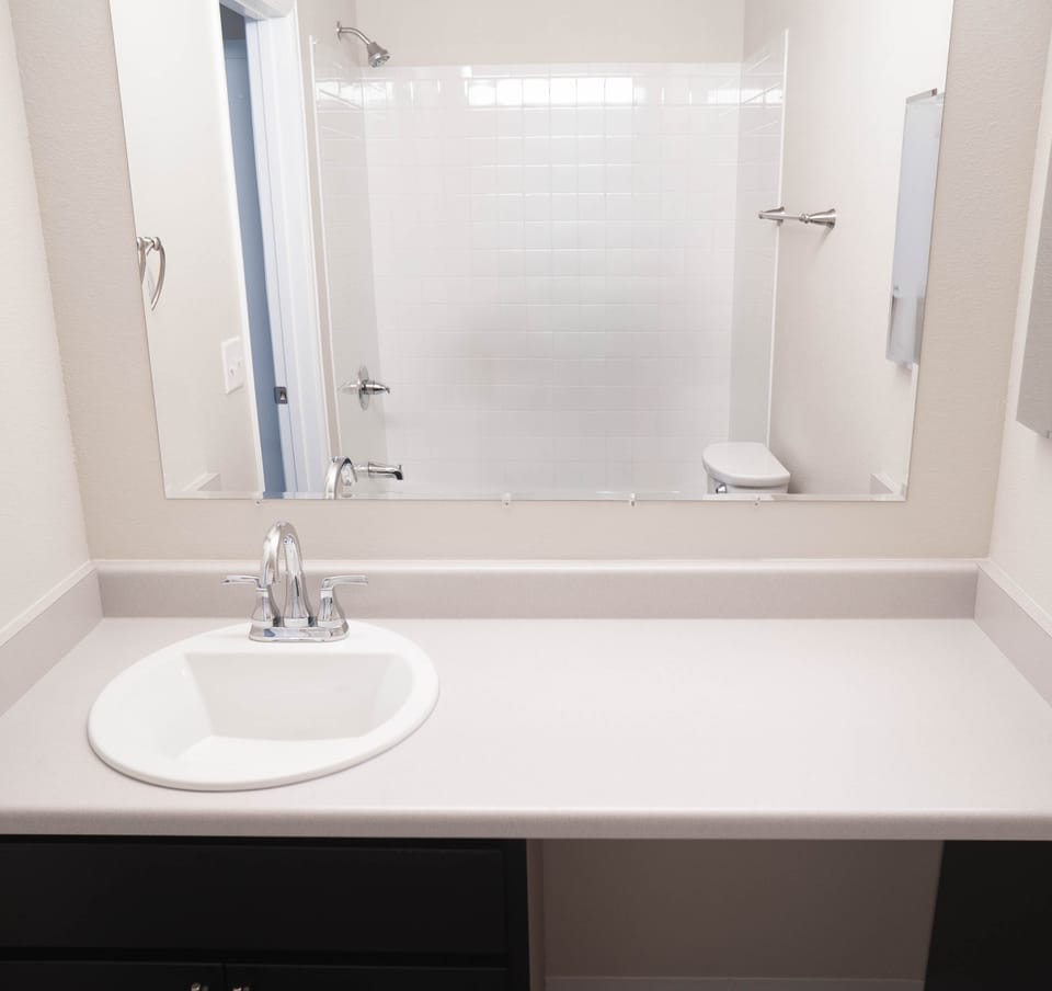 New bathroom vanity, sink, fixtures and mirror